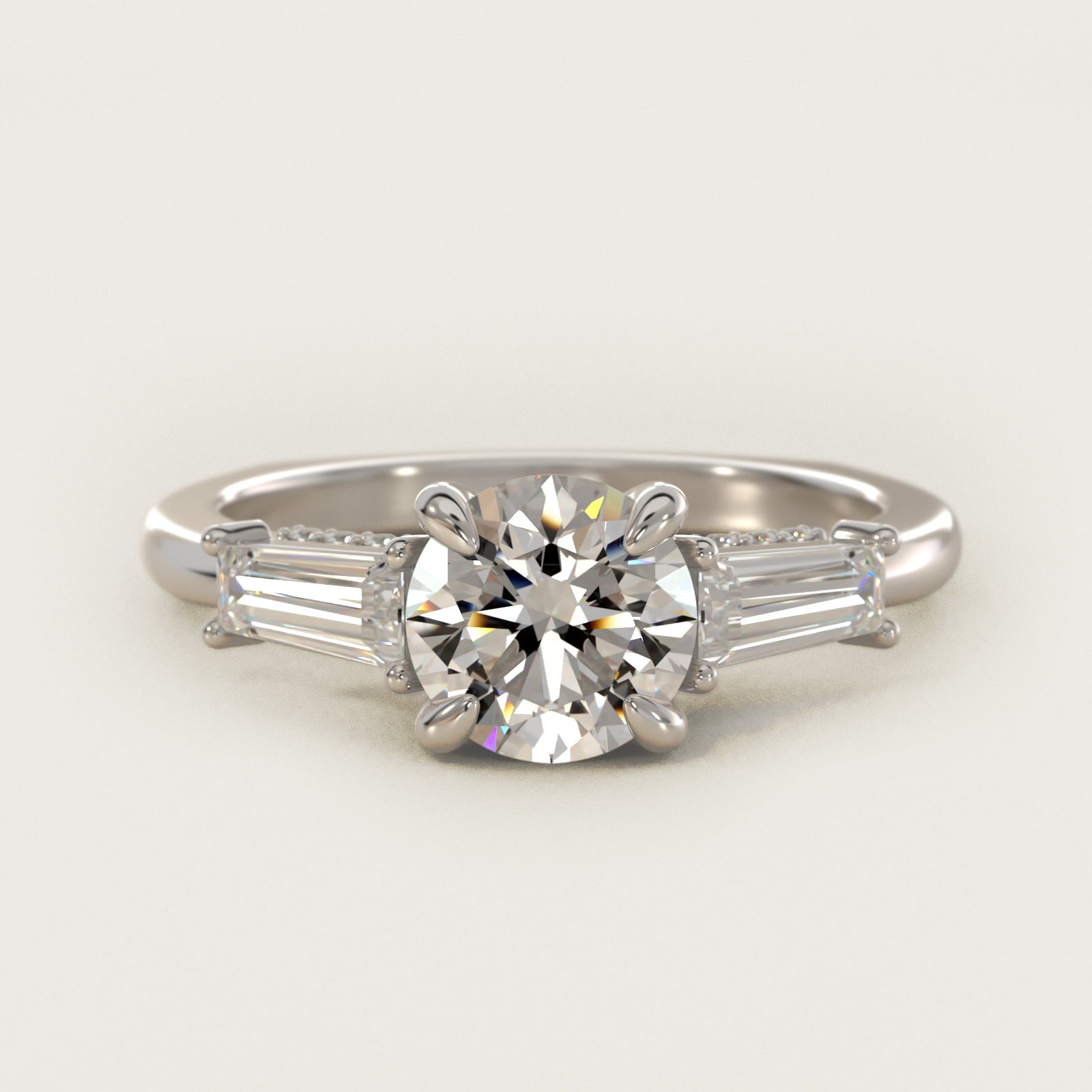Tapered Baguette Three Stone Engagement Ring in 18K White Gold (1/2 ct. tw.) By Bella Vaughan - Round Center
