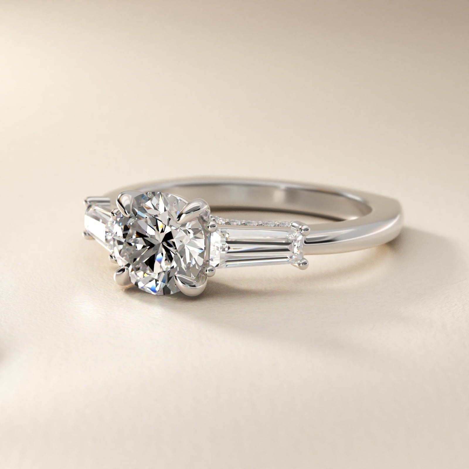 Tapered Baguette Three Stone Engagement Ring in 18K White Gold (1/2 ct. tw.) By Bella Vaughan - Round Center