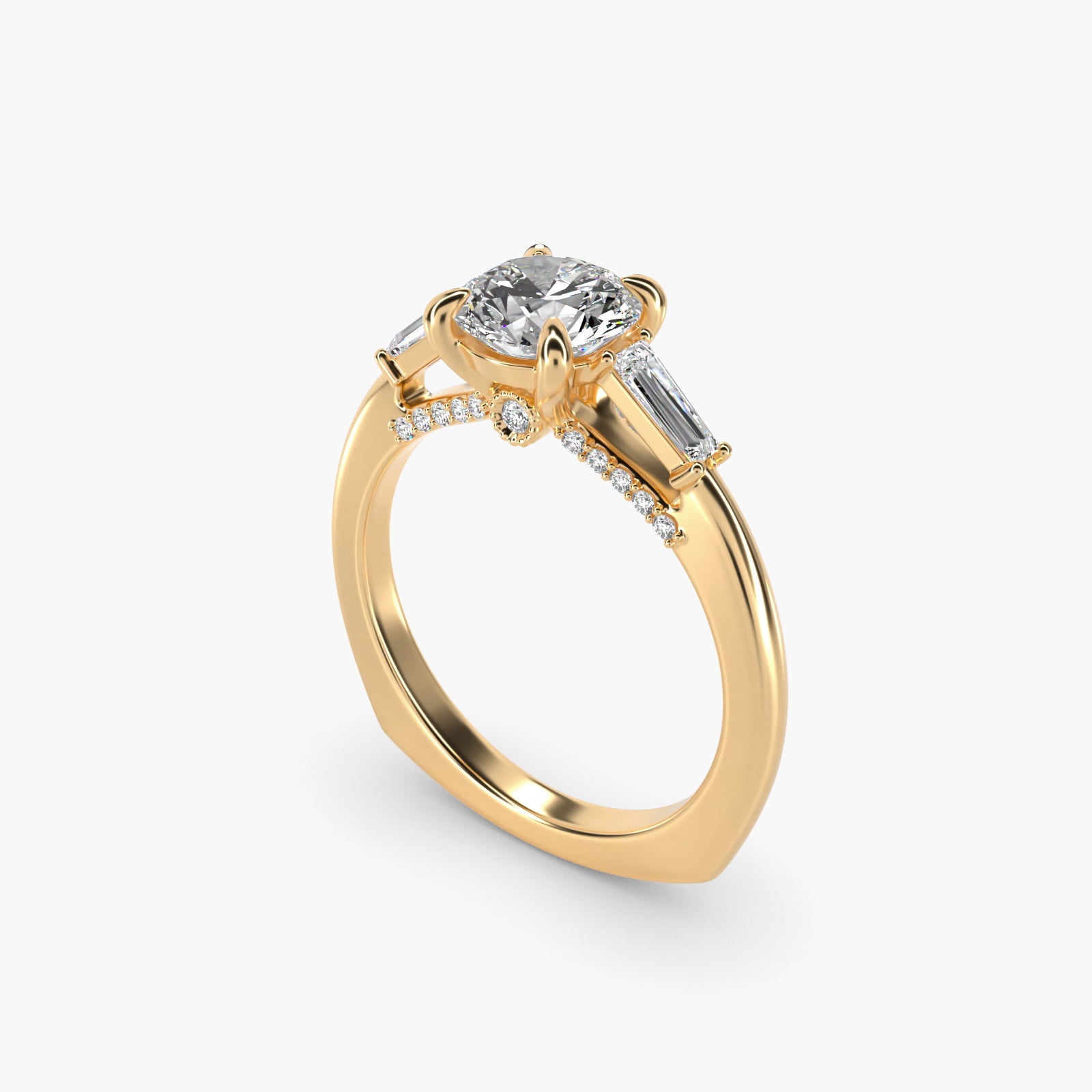 Tapered Baguette Three Stone Engagement Ring in 14K Yellow Gold (0.24 ct. tw.) By Bella Vaughan - Round Center
