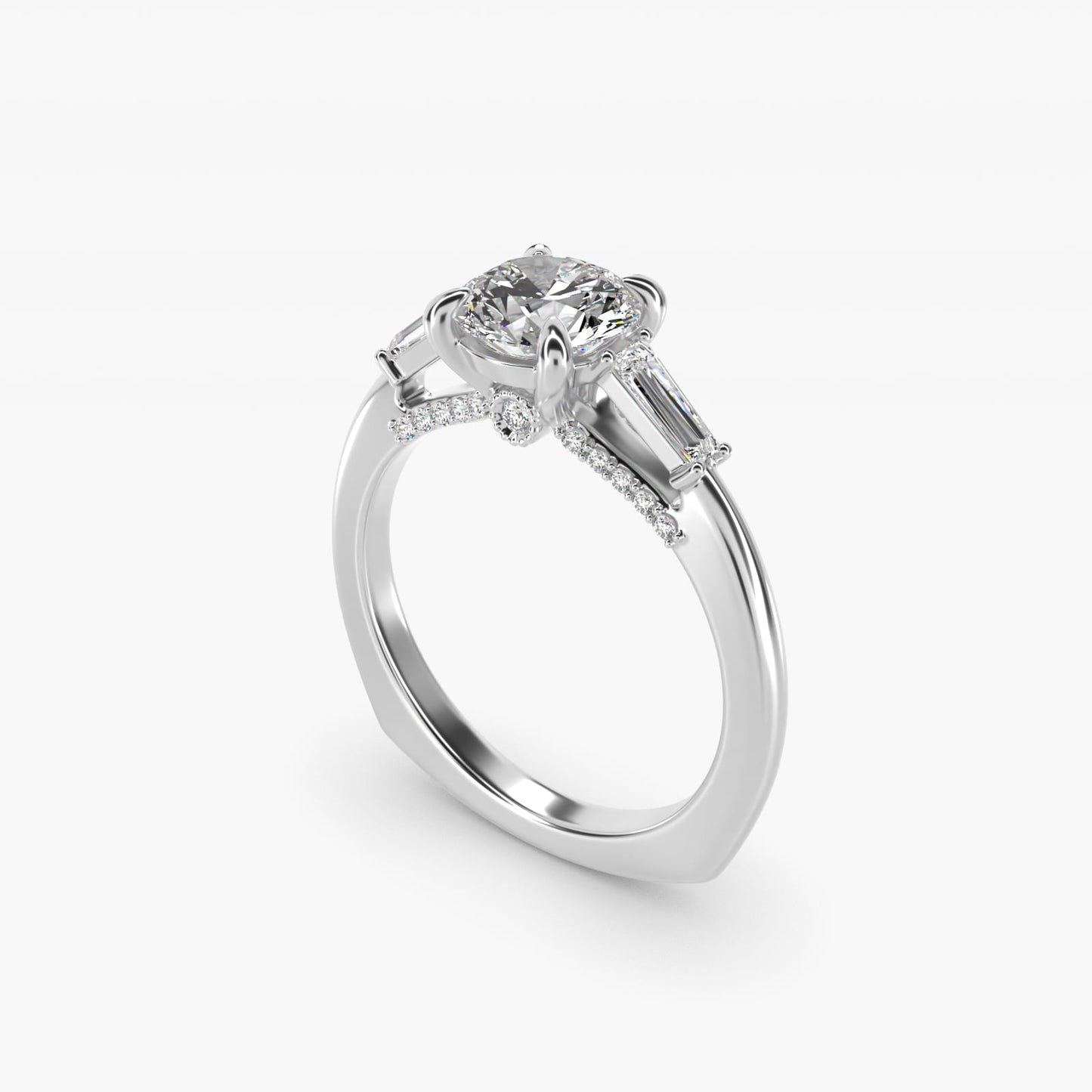 Tapered Baguette Three Stone Engagement Ring in Platinum (1/4 ct. tw.) By Bella Vaughan - Round Center