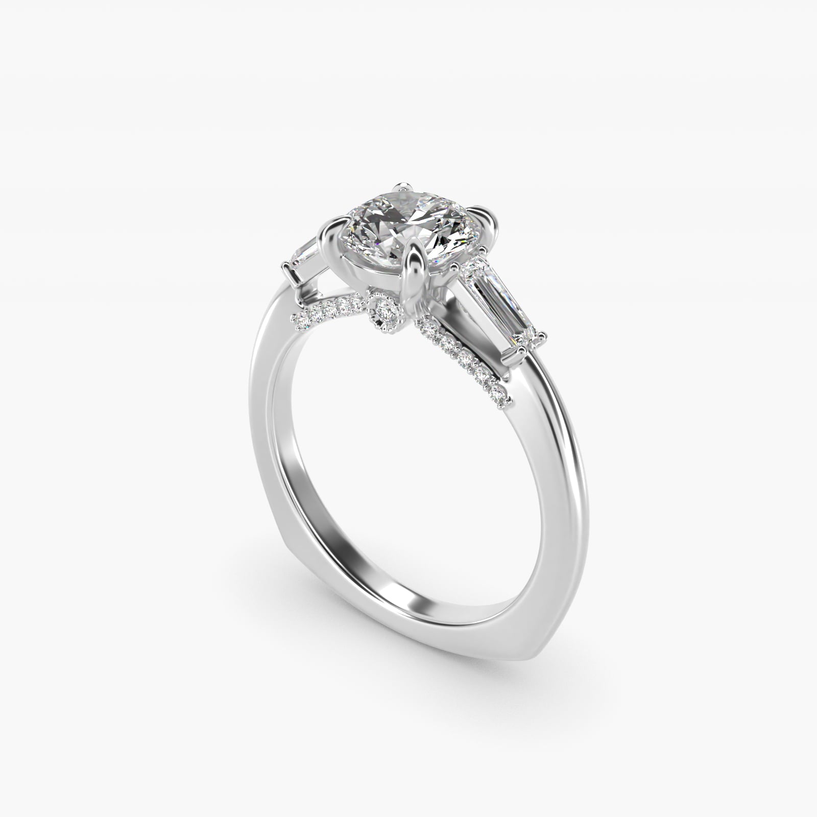 Tapered Baguette Three Stone Engagement Ring in Platinum (1/4 ct. tw.) By Bella Vaughan - Round Center