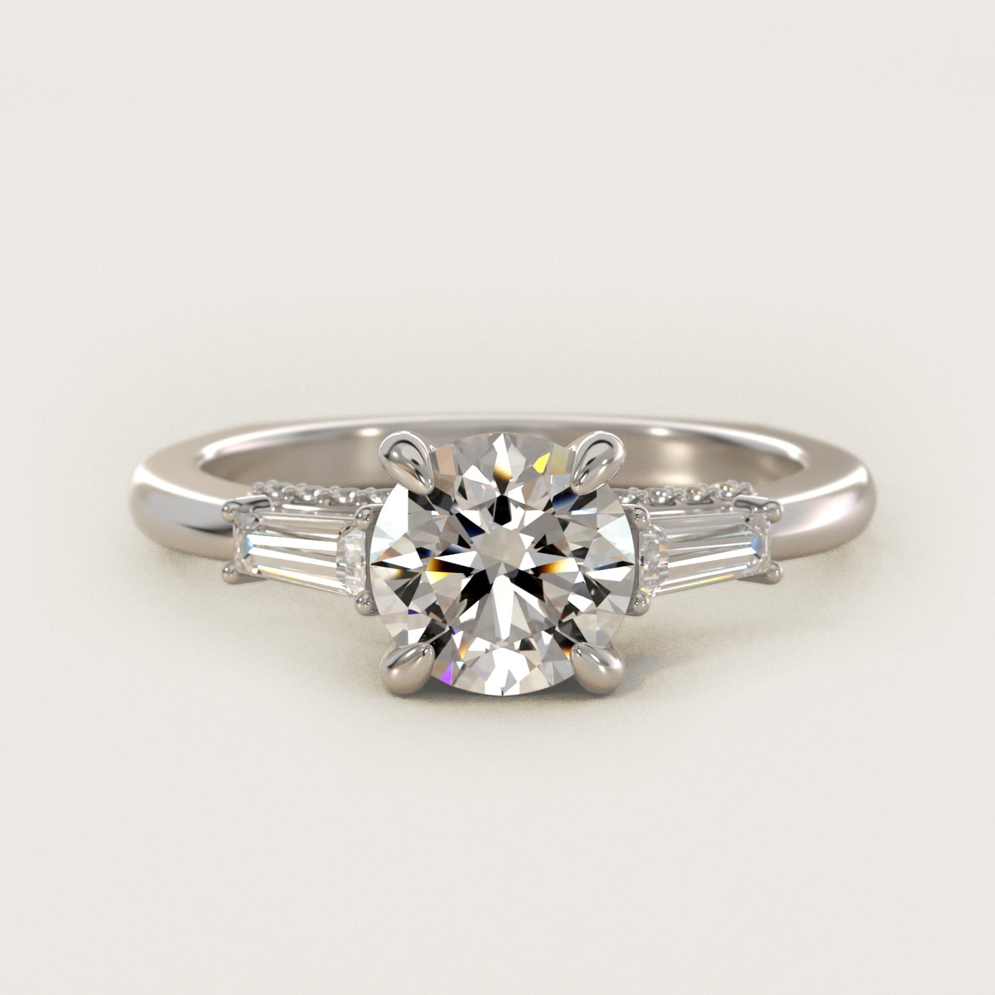 Tapered Baguette Three Stone Engagement Ring in Platinum (1/4 ct. tw.) By Bella Vaughan - Round Center