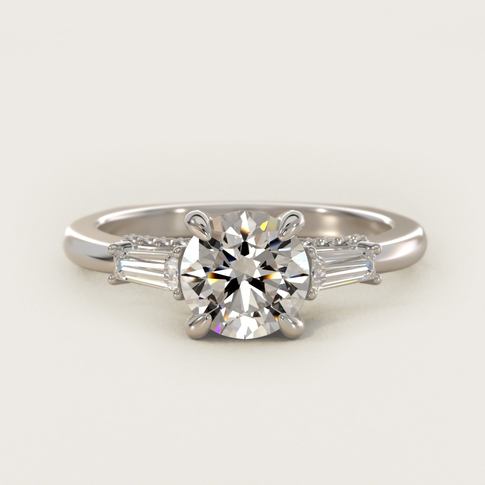 Tapered Baguette Three Stone Engagement Ring in Platinum (1/4 ct. tw.) By Bella Vaughan - Round Center