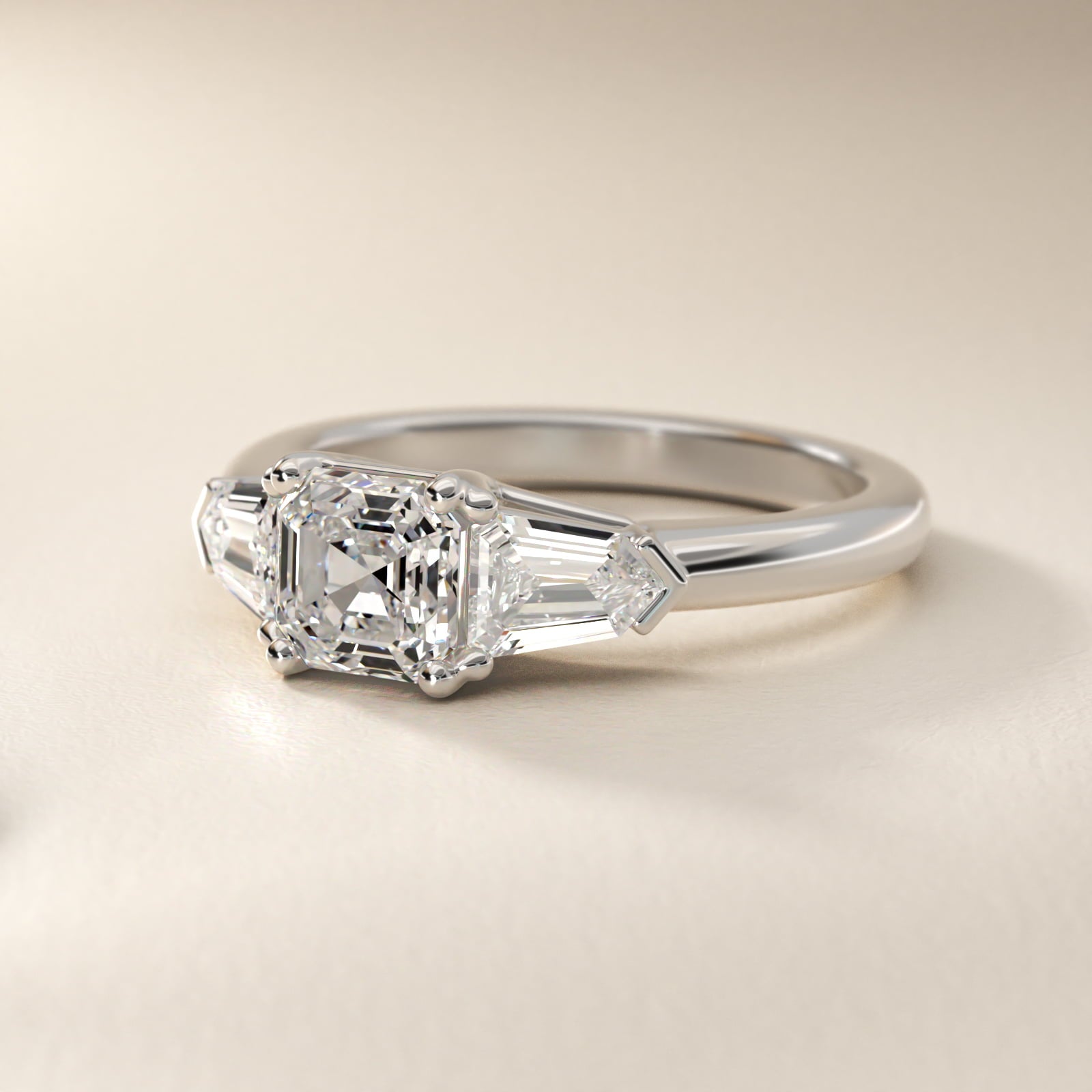 Tapered Bullet Diamond Engagement Ring in 18k White Gold - Asscher Center