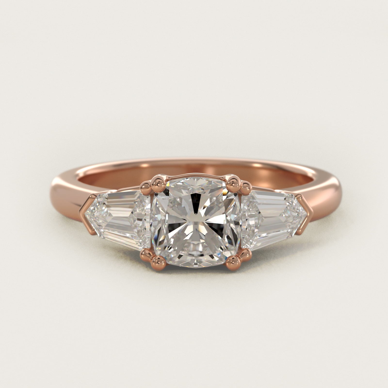 Tapered Bullet Diamond Engagement Ring in 14k Rose Gold - Cushion Center