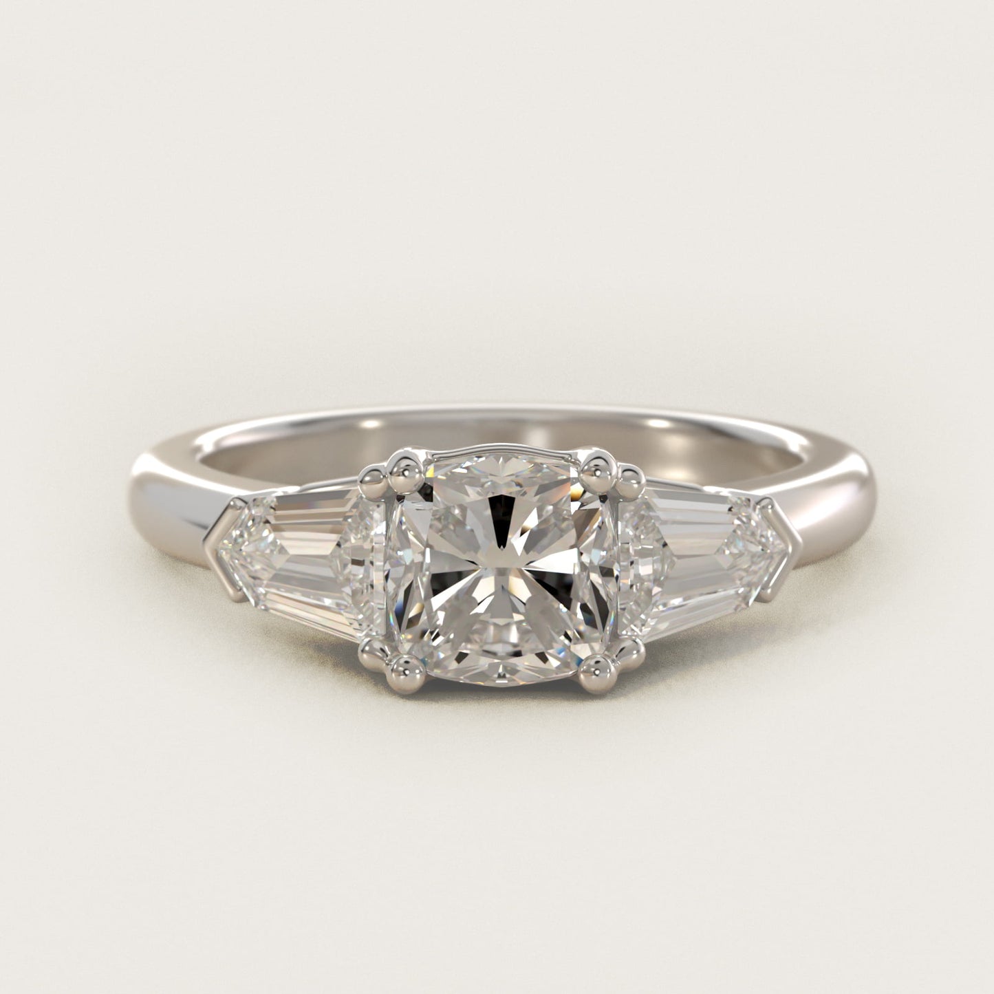 Tapered Bullet Diamond Engagement Ring in 14k White Gold - Cushion Center
