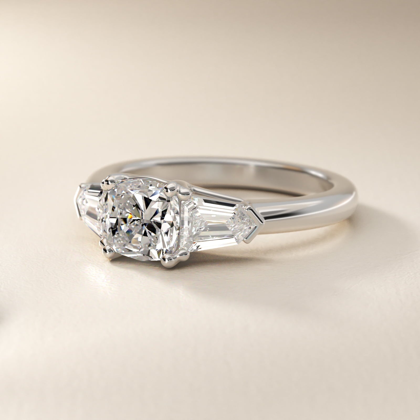 Tapered Bullet Diamond Engagement Ring in 18k White Gold - Cushion Center