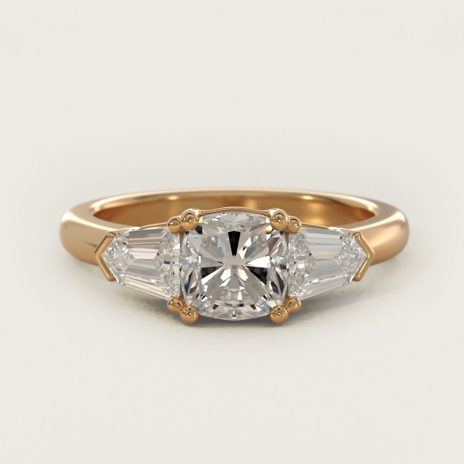 Tapered Bullet Diamond Engagement Ring in 18k Yellow Gold - Cushion Center