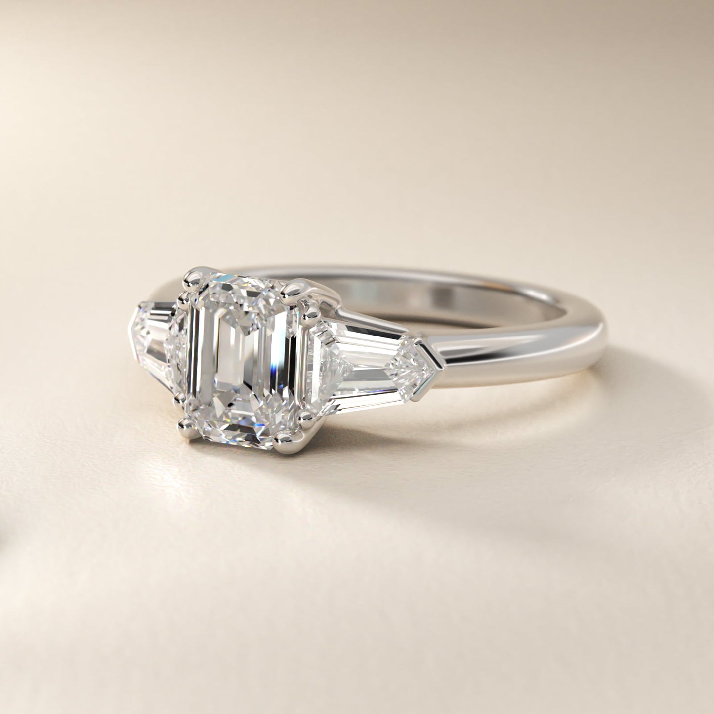 Tapered Bullet Diamond Engagement Ring in 18k White Gold - Emerald Center