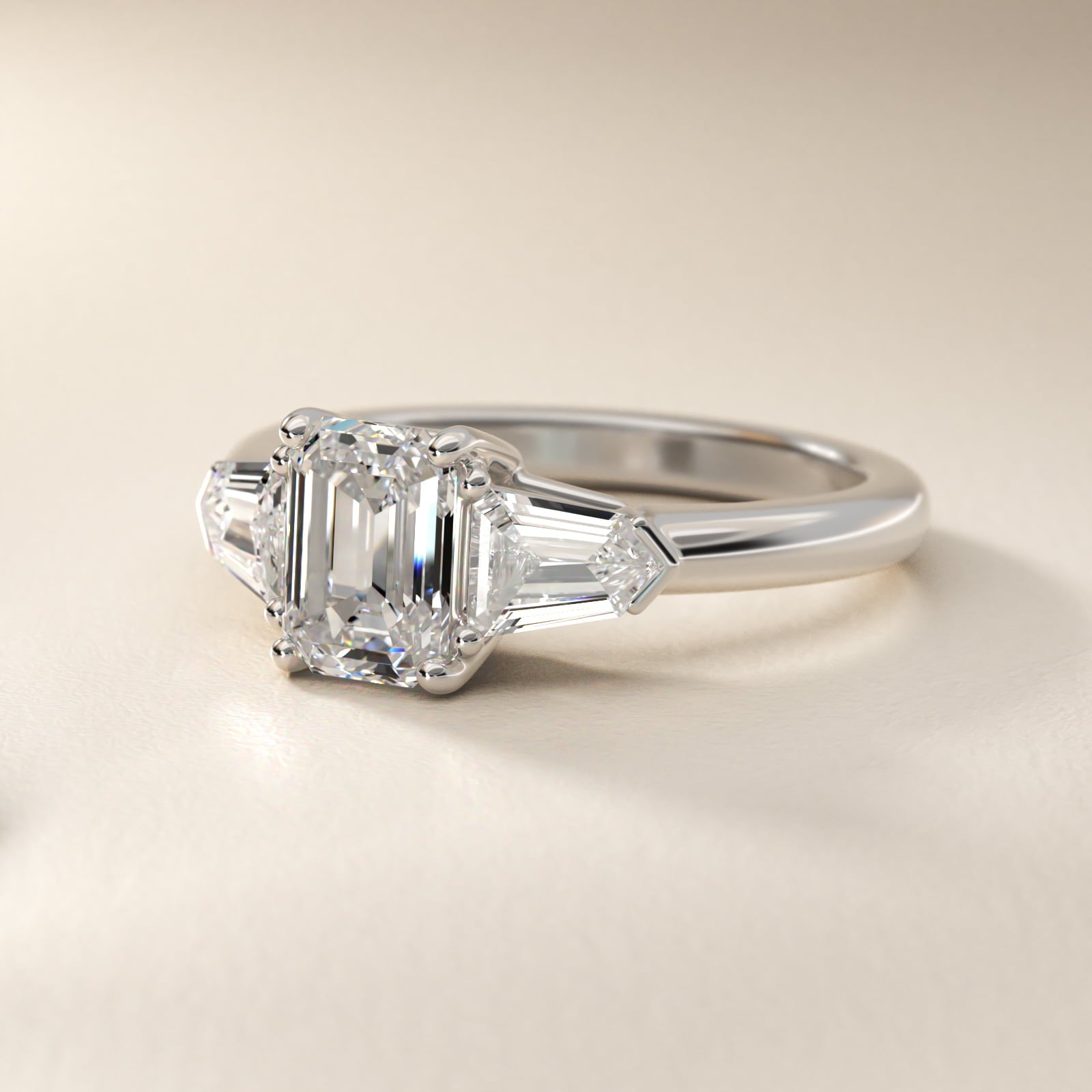 Tapered Bullet Diamond Engagement Ring in 18k White Gold - Emerald Center