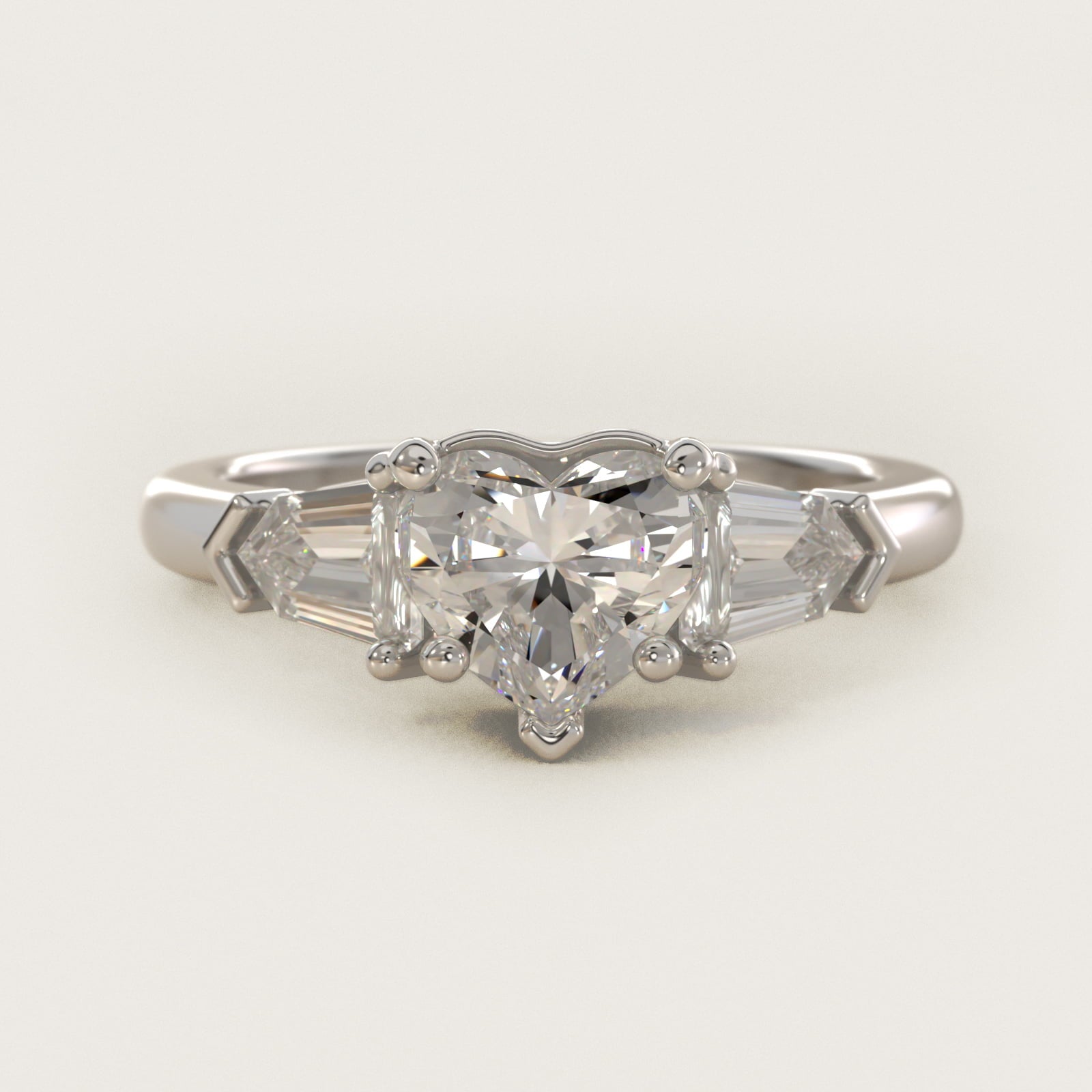 Tapered Bullet Diamond Engagement Ring in 18k White Gold - Heart Center