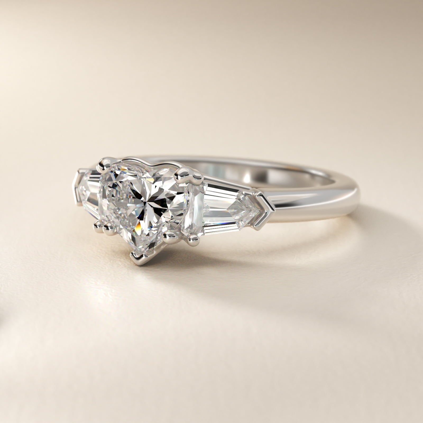 Tapered Bullet Diamond Engagement Ring in Platinum - Heart Center