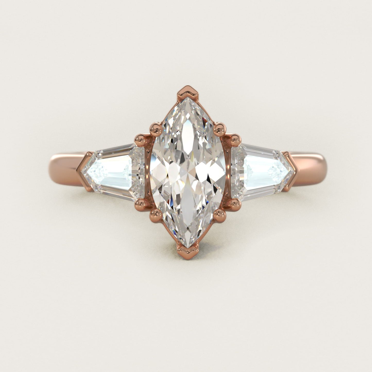 Tapered Bullet Diamond Engagement Ring in 14k Rose Gold - Marquise Center