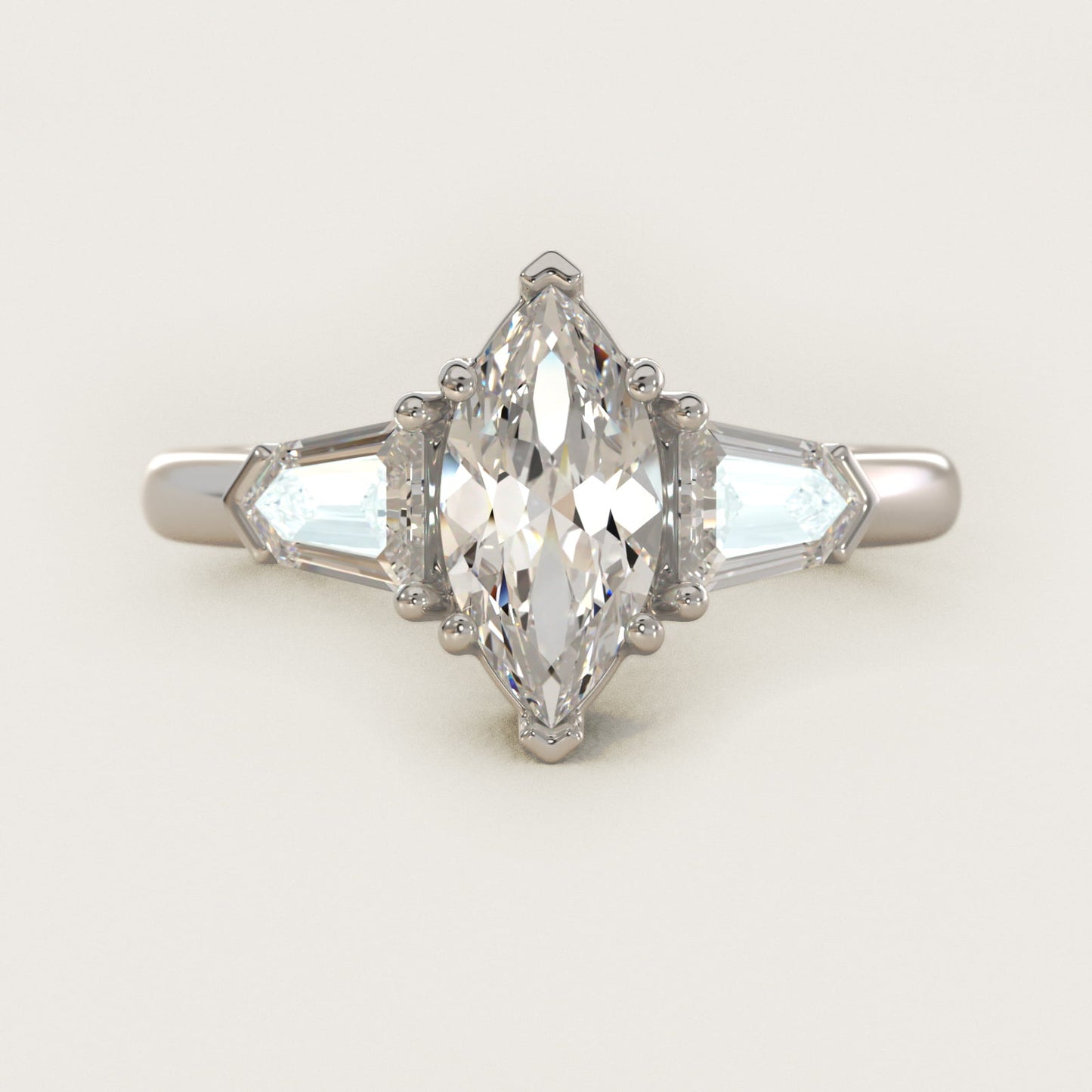 Tapered Bullet Diamond Engagement Ring in 14k White Gold - Marquise Center