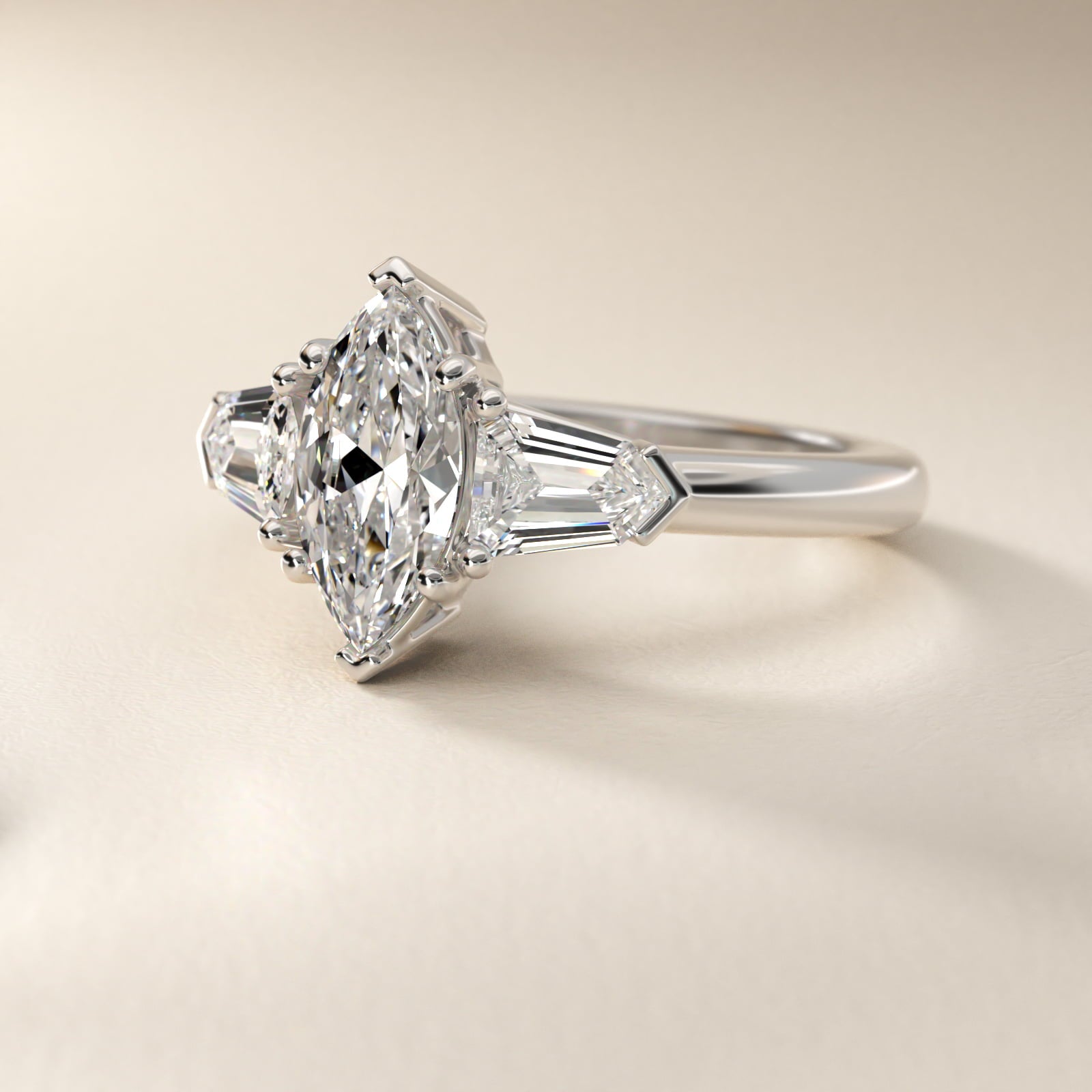 Tapered Bullet Diamond Engagement Ring in 14k White Gold - Marquise Center