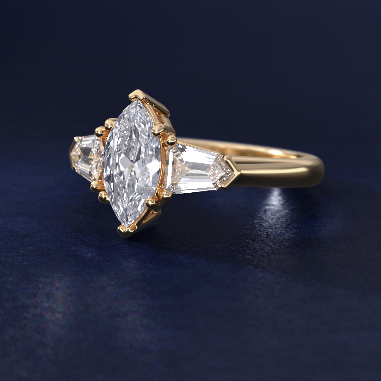 Tapered Bullet Diamond Engagement Ring in 18k Yellow Gold - Marquise Center
