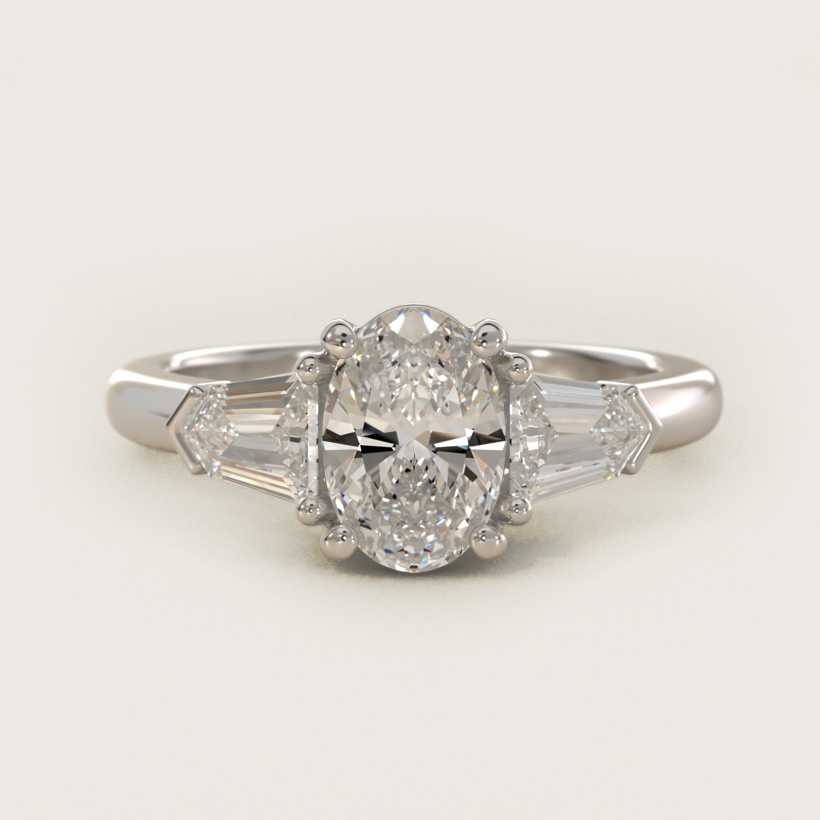 Tapered Bullet Diamond Engagement Ring in 14k White Gold - Oval Center