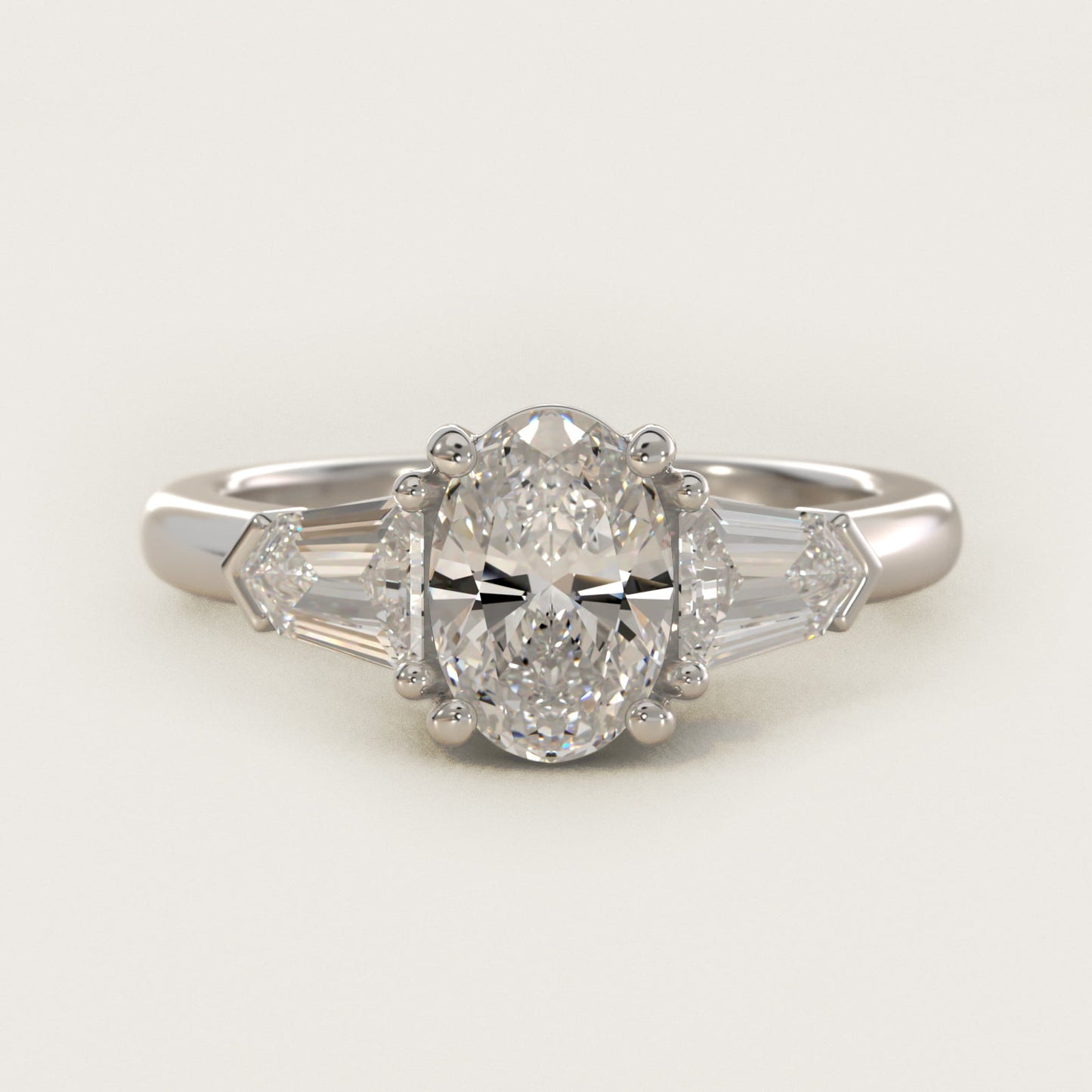 Tapered Bullet Diamond Engagement Ring in 18k White Gold - Oval Center