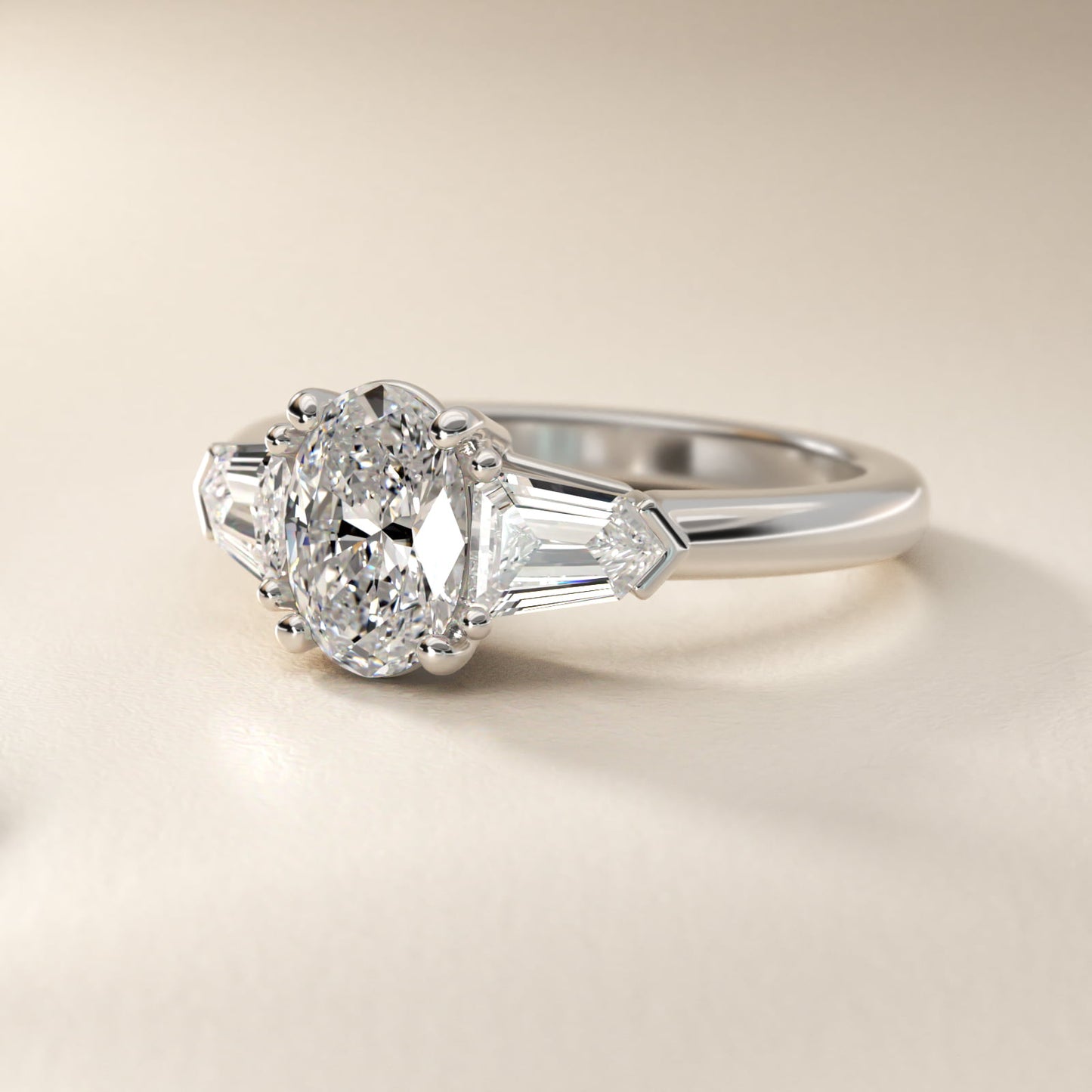 Tapered Bullet Diamond Engagement Ring in 14k White Gold - Oval Center