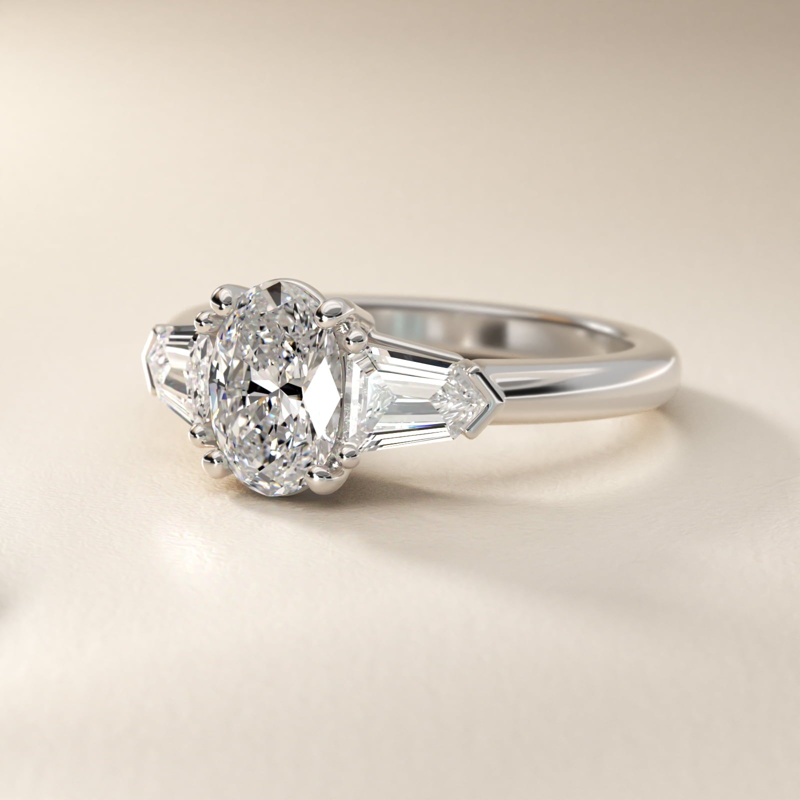 Tapered Bullet Diamond Engagement Ring in 14k White Gold - Oval Center