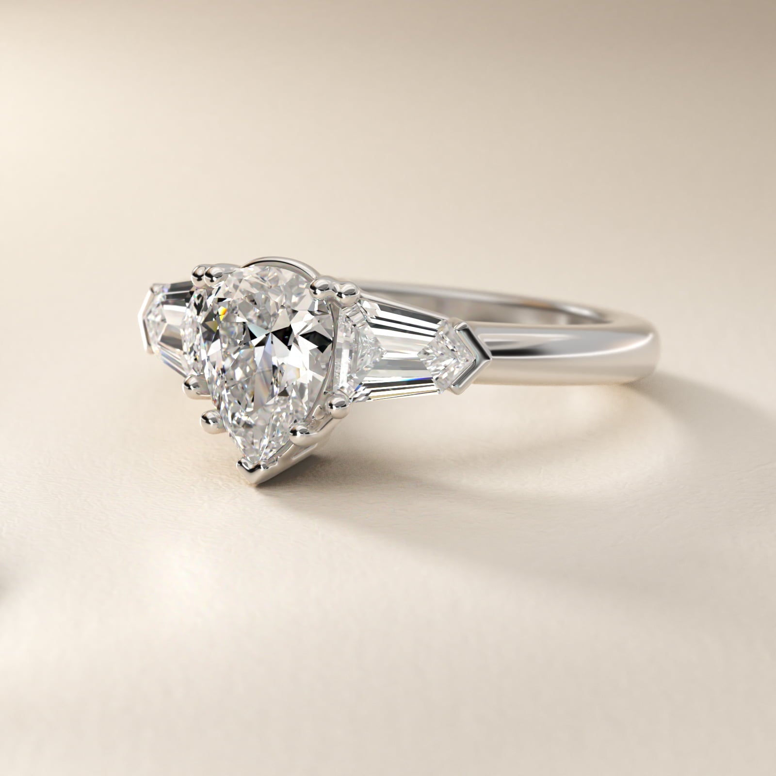 Tapered Bullet Diamond Engagement Ring in 18k White Gold - Pear Center