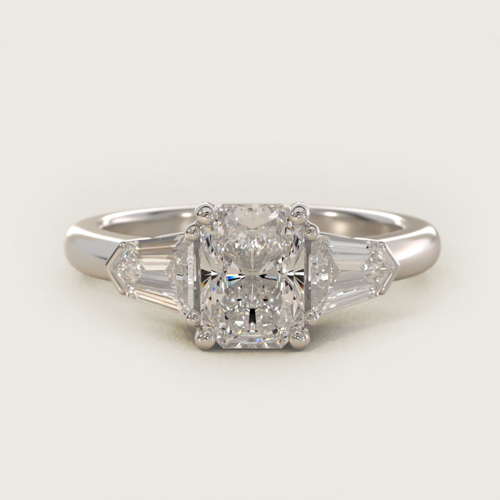 Tapered Bullet Diamond Engagement Ring in 18k White Gold - Radiant Center