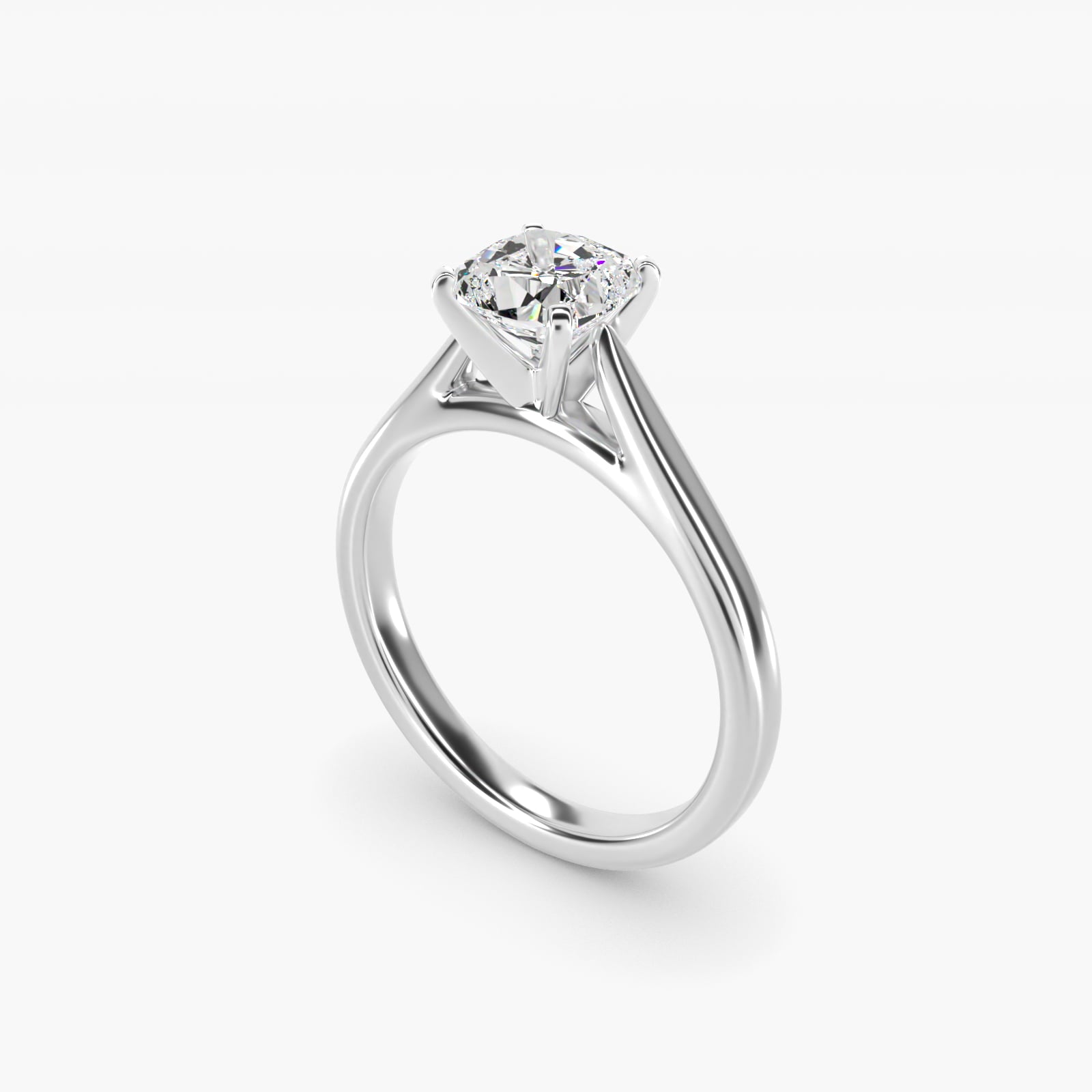 Tapered Cathedral Solitaire Engagement Ring in 18k White Gold - Cushion Center