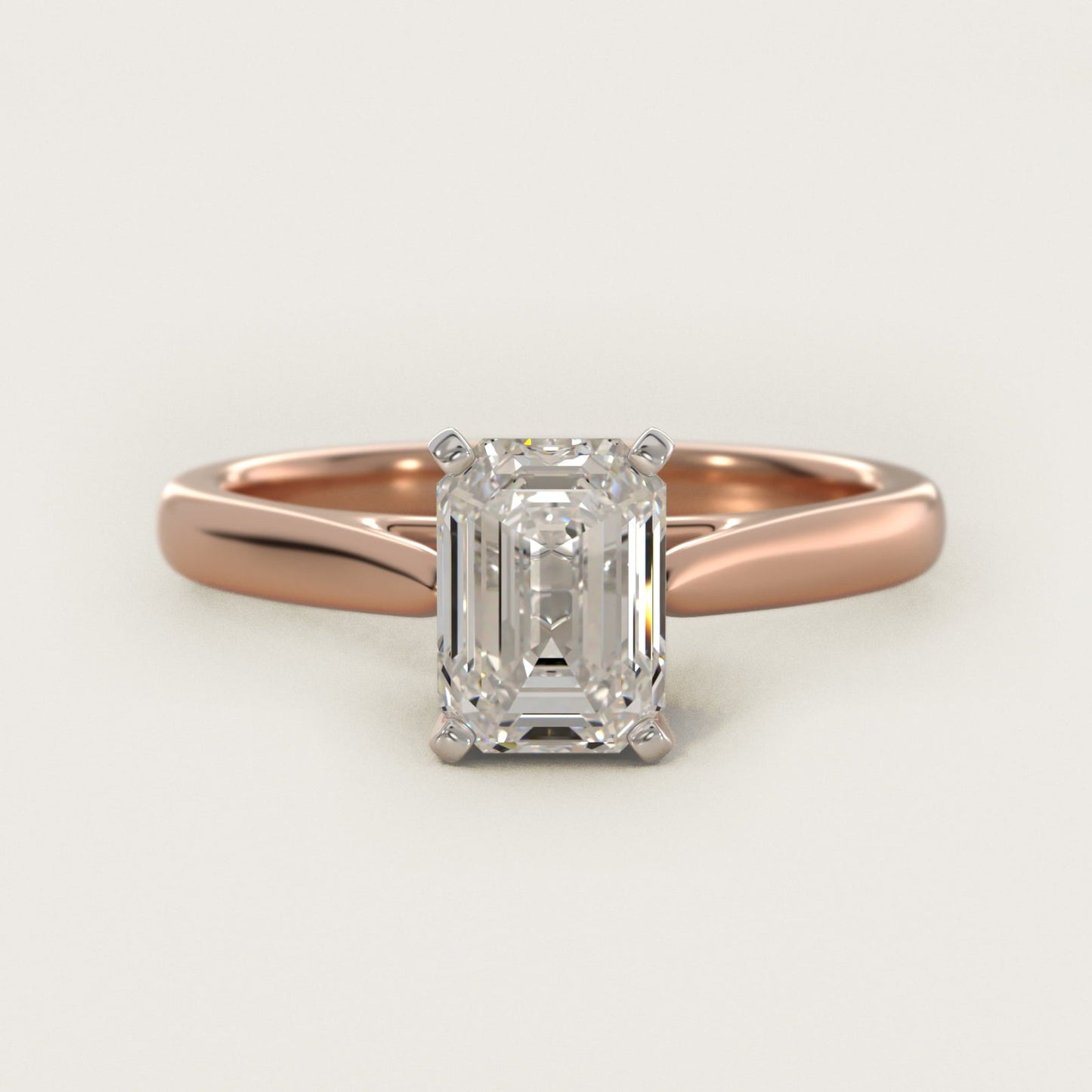 Tapered Cathedral Solitaire Engagement Ring in 18k Rose Gold - Emerald Center