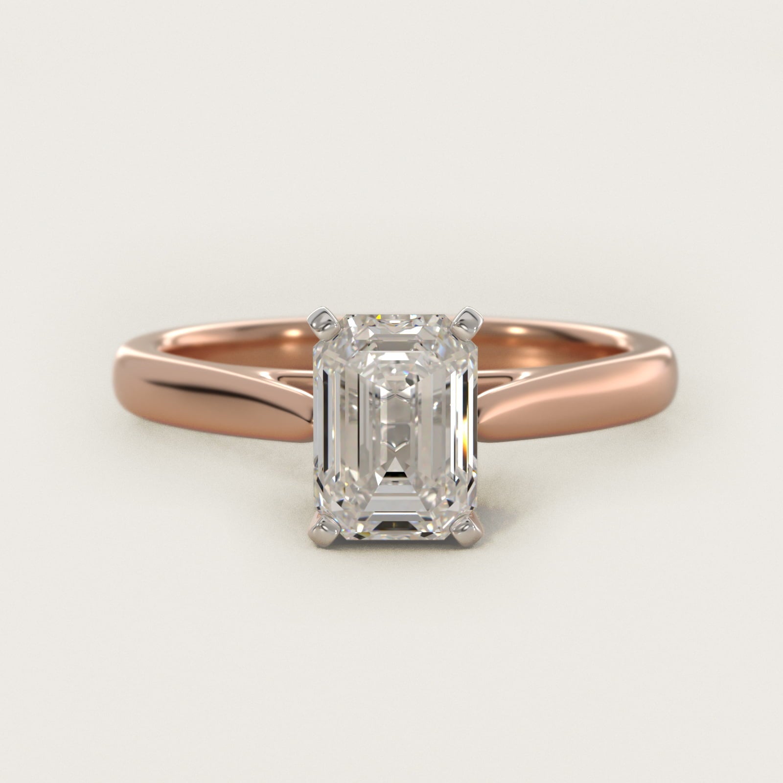 Tapered Cathedral Solitaire Engagement Ring in 18k Rose Gold - Emerald Center
