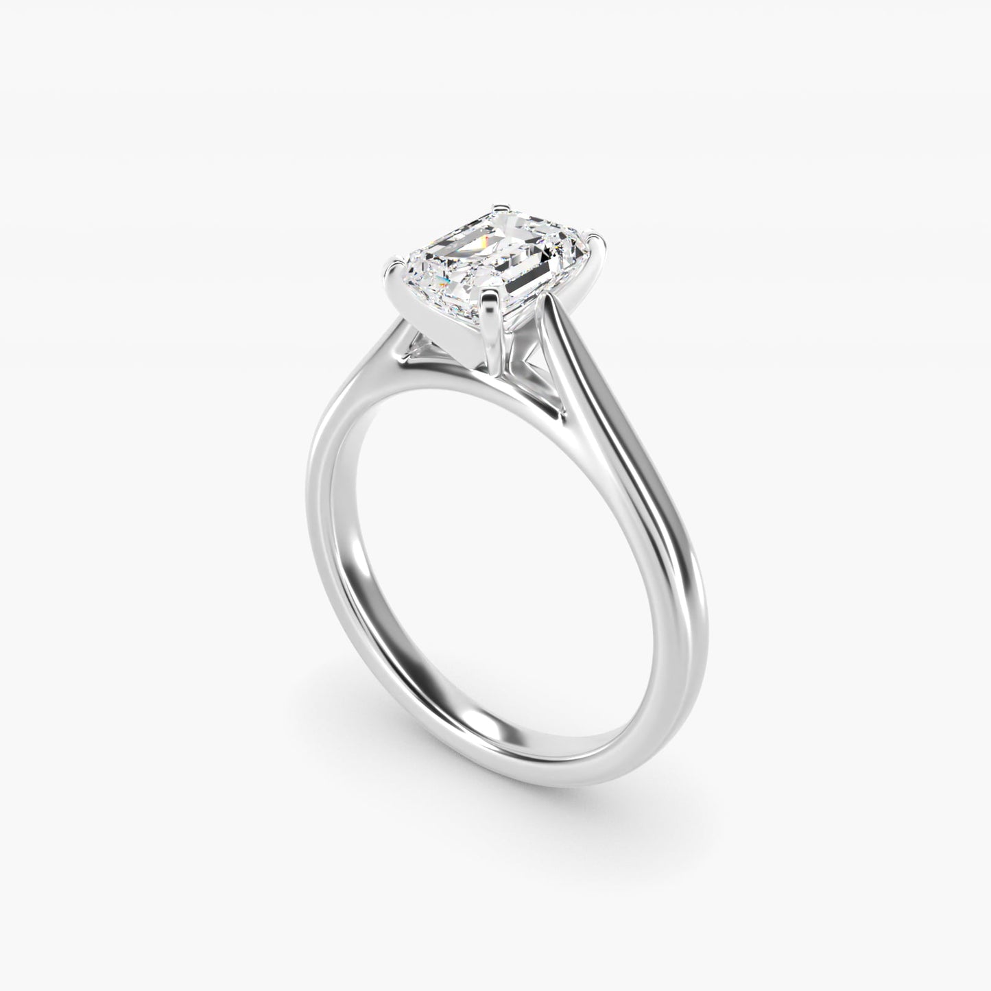 Tapered Cathedral Solitaire Engagement Ring in 14k White Gold - Emerald Center