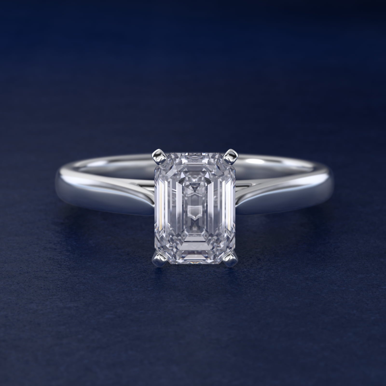 Tapered Cathedral Solitaire Engagement Ring in 18k White Gold - Emerald Center
