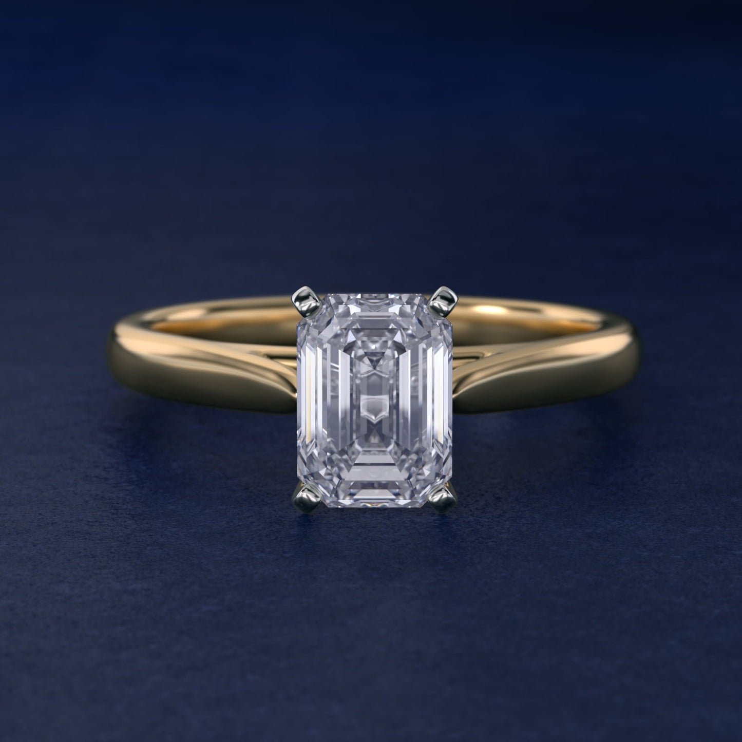 Tapered Cathedral Solitaire Engagement Ring in 18k Yellow Gold - Emerald Center
