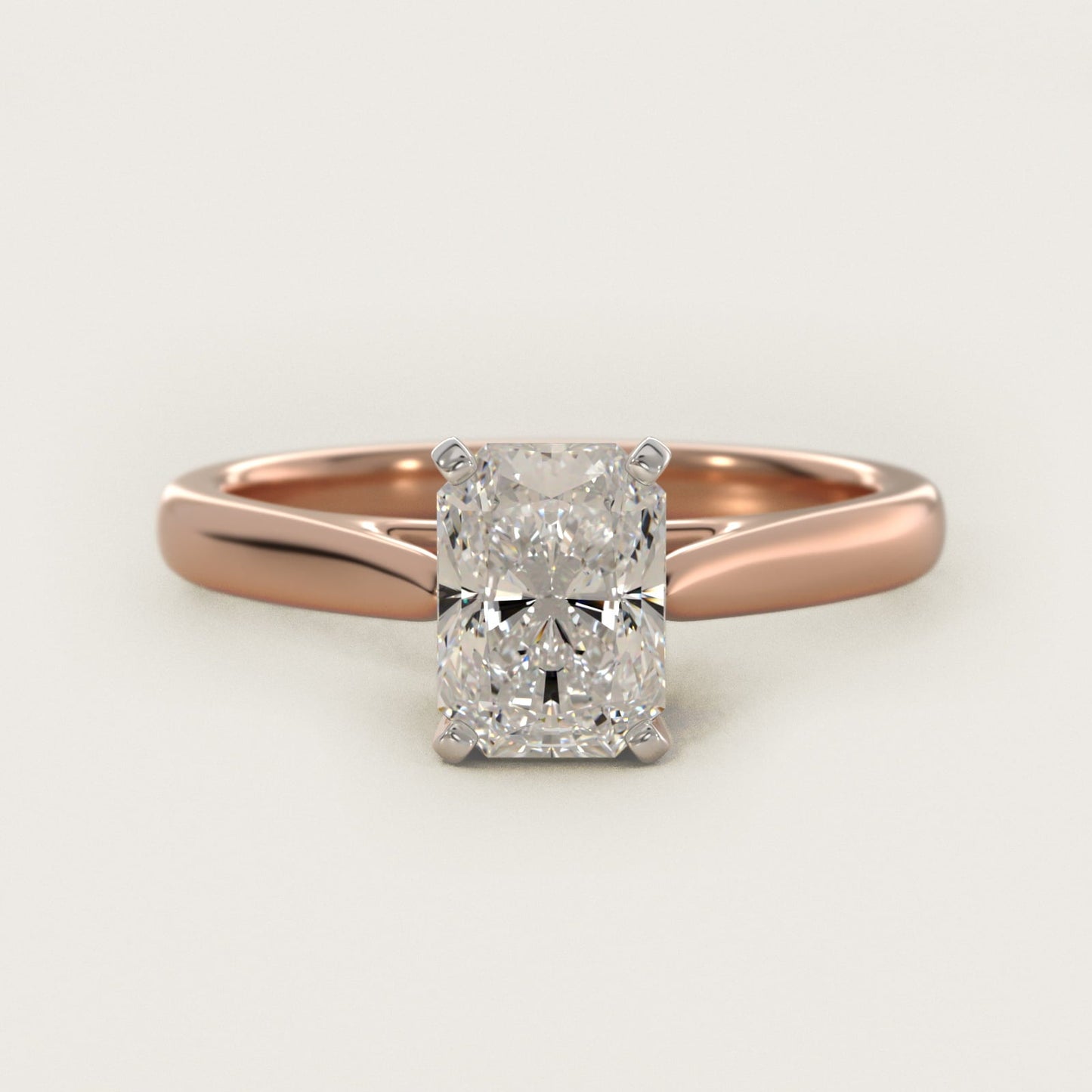 Tapered Cathedral Solitaire Engagement Ring in 18k Rose Gold - Radiant Center