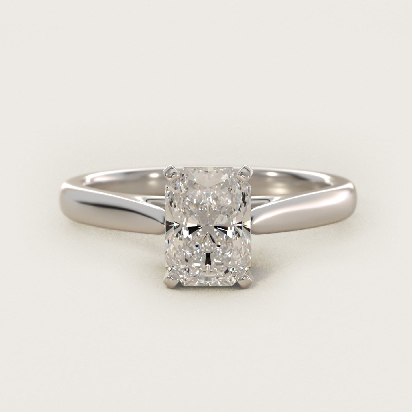 Tapered Cathedral Solitaire Engagement Ring in 18k White Gold - Radiant Center