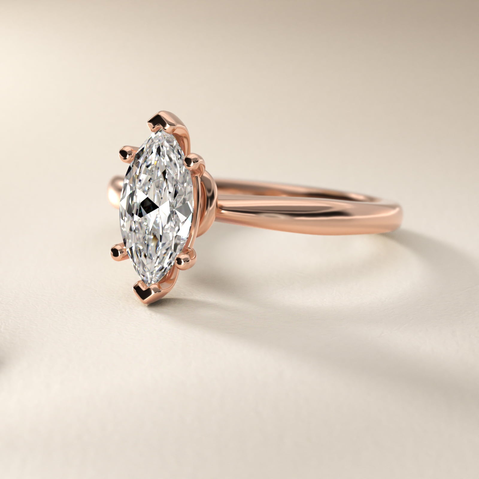 Tapered Ribbon Solitaire Engagement Ring in 14k Rose Gold - Marquise Center