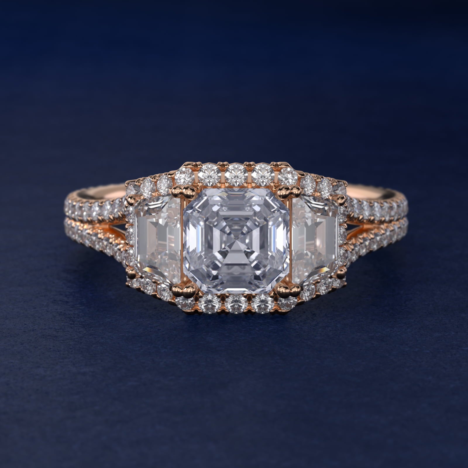 The Gallery Collection™ Vintage Three Stone Trapezoid Diamond Engagement Ring 18k Rose Gold - Asscher Center