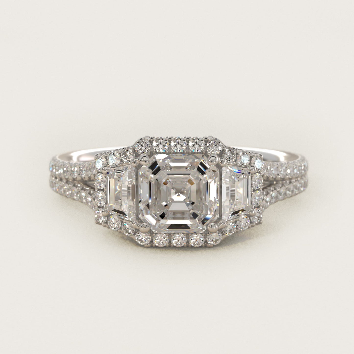 The Gallery Collection™ Emerald Three Stone Halo Diamond Engagement Ring in 14k White Gold (1.50 ct. tw.) - Asscher Center
