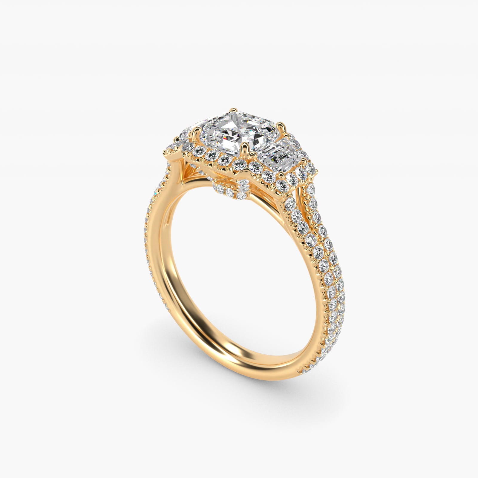 The Gallery Collection™ Emerald Three Stone Halo Diamond Engagement Ring in 18k Yellow Gold (1.50 ct. tw.) - Asscher Center