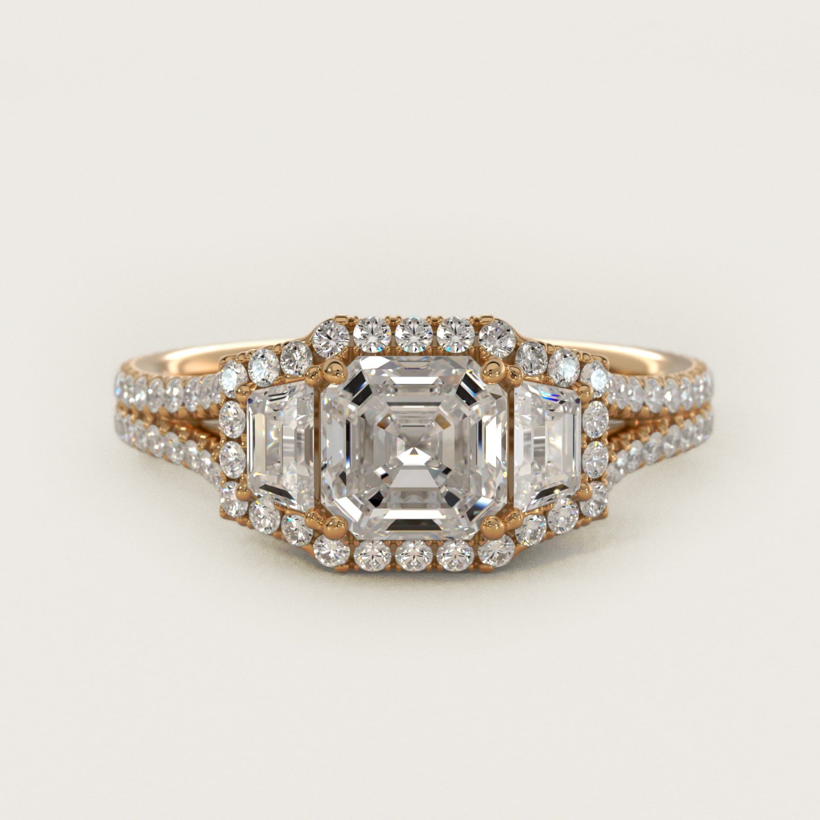 The Gallery Collection™ Emerald Three Stone Halo Diamond Engagement Ring in 14K Yellow Gold (1.50 ct. tw.) - Asscher Center