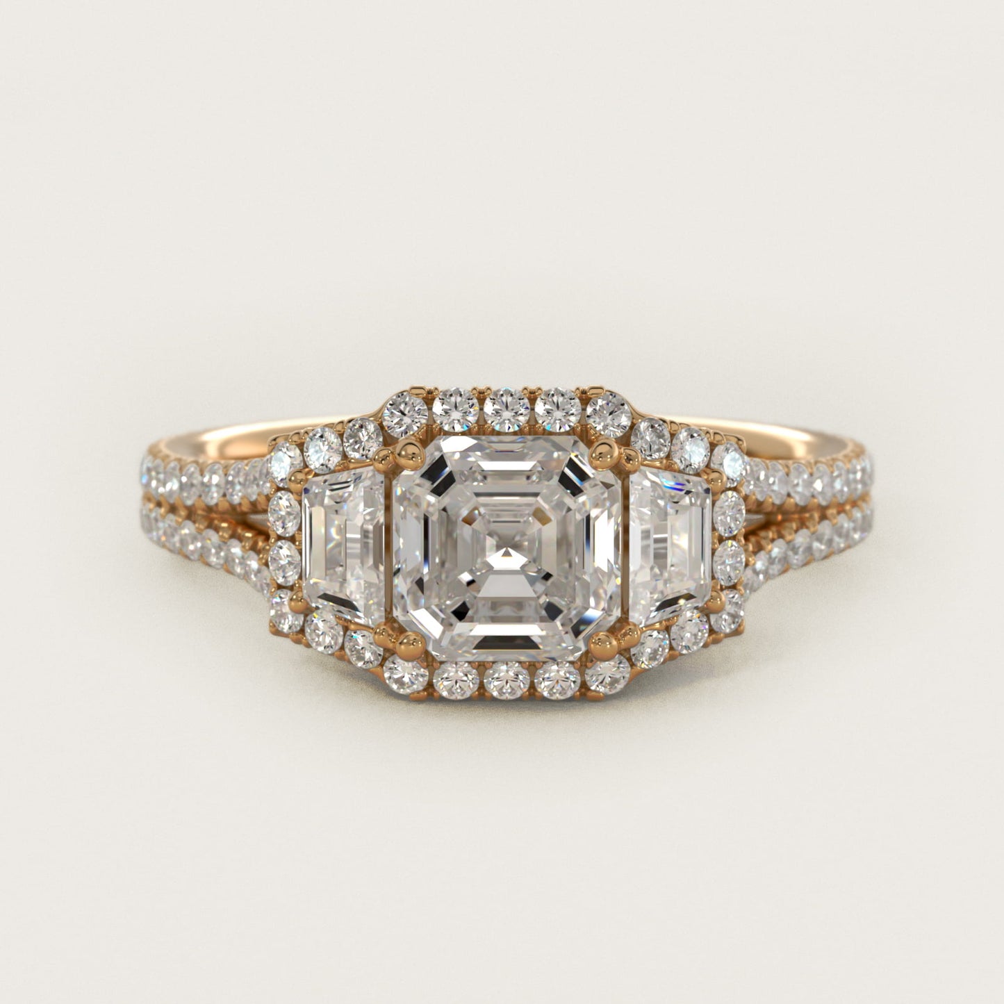The Gallery Collection™ Emerald Three Stone Halo Diamond Engagement Ring in 18k Yellow Gold (1.50 ct. tw.) - Asscher Center
