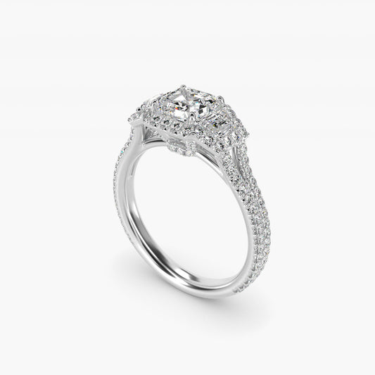 The Gallery Collection™ Emerald Three Stone Halo Diamond Engagement Ring in Platinum - Asscher Center