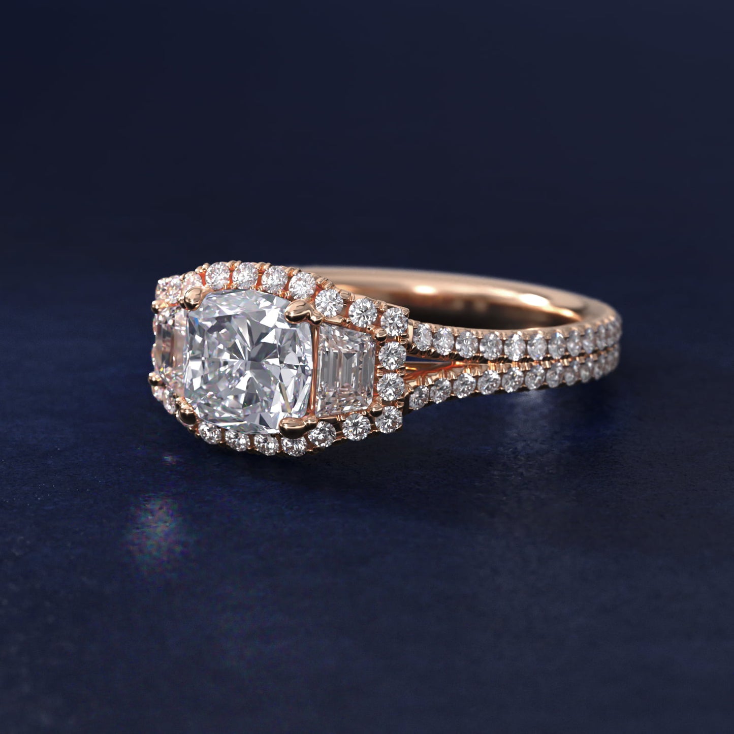 The Gallery Collection™ Emerald Three Stone Halo Diamond Engagement Ring in 14k Rose Gold (1.50 ct. tw.) - Cushion Center