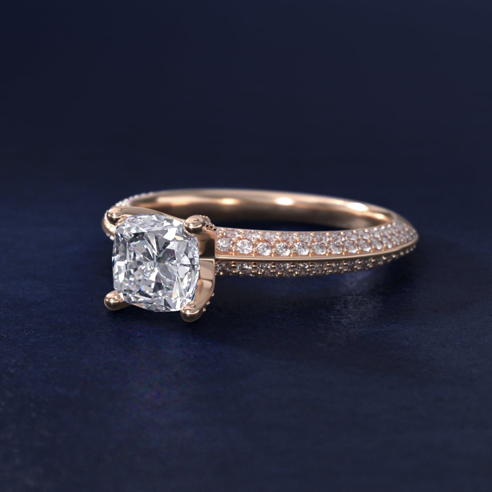The Gallery Collection™ Knife Edge MicropavŽ Diamond Engagement Ring in 18k Rose Gold (3/8 ct. tw.) - Cushion Center