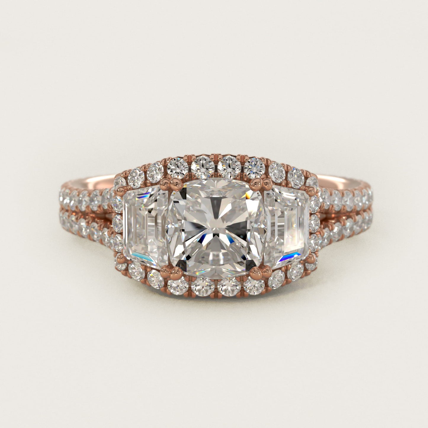 The Gallery Collection™ Vintage Three Stone Trapezoid Diamond Engagement Ring 18k Rose Gold - Cushion Center
