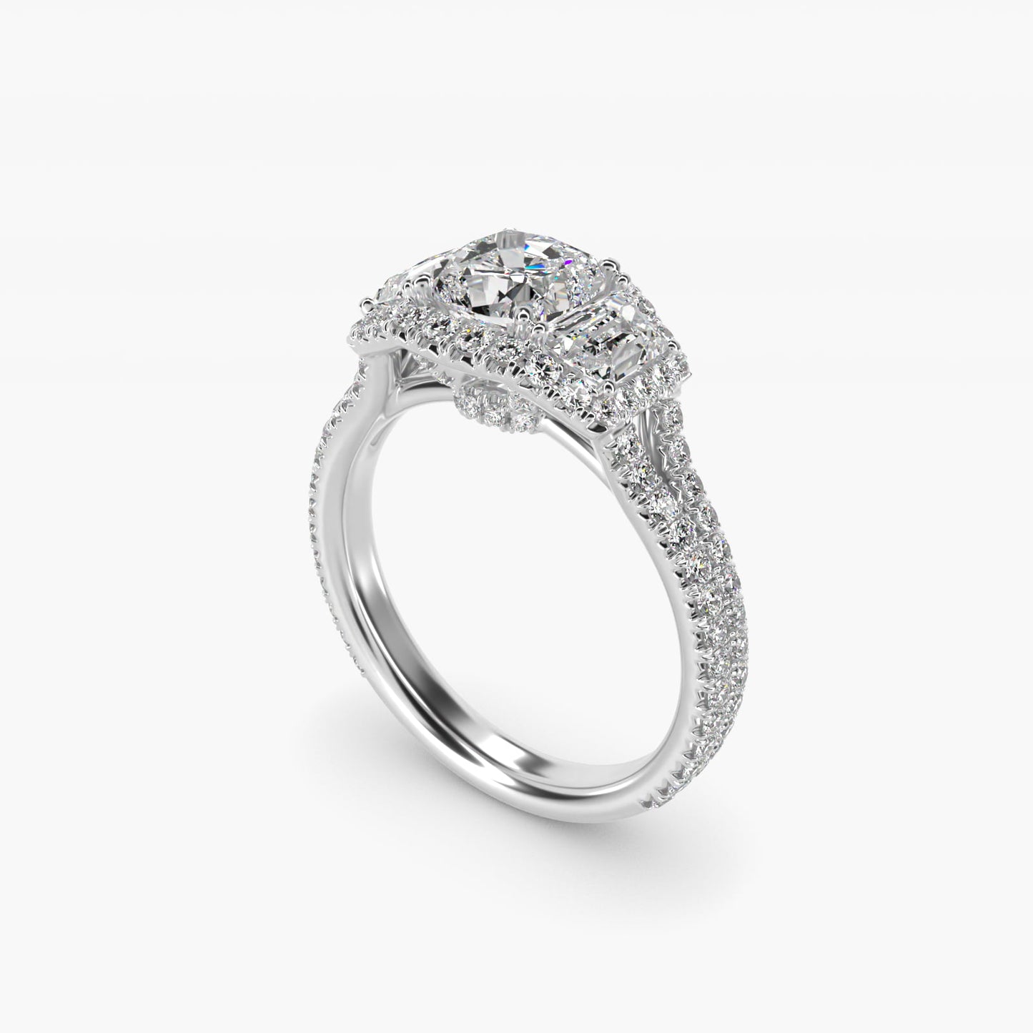 The Gallery Collection™ Vintage Three Stone Trapezoid Diamond Engagement Ring 14k White Gold - Cushion Center
