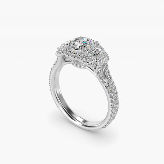The Gallery Collection™ Vintage Three Stone Trapezoid Diamond Engagement Ring 14k White Gold - Cushion Center