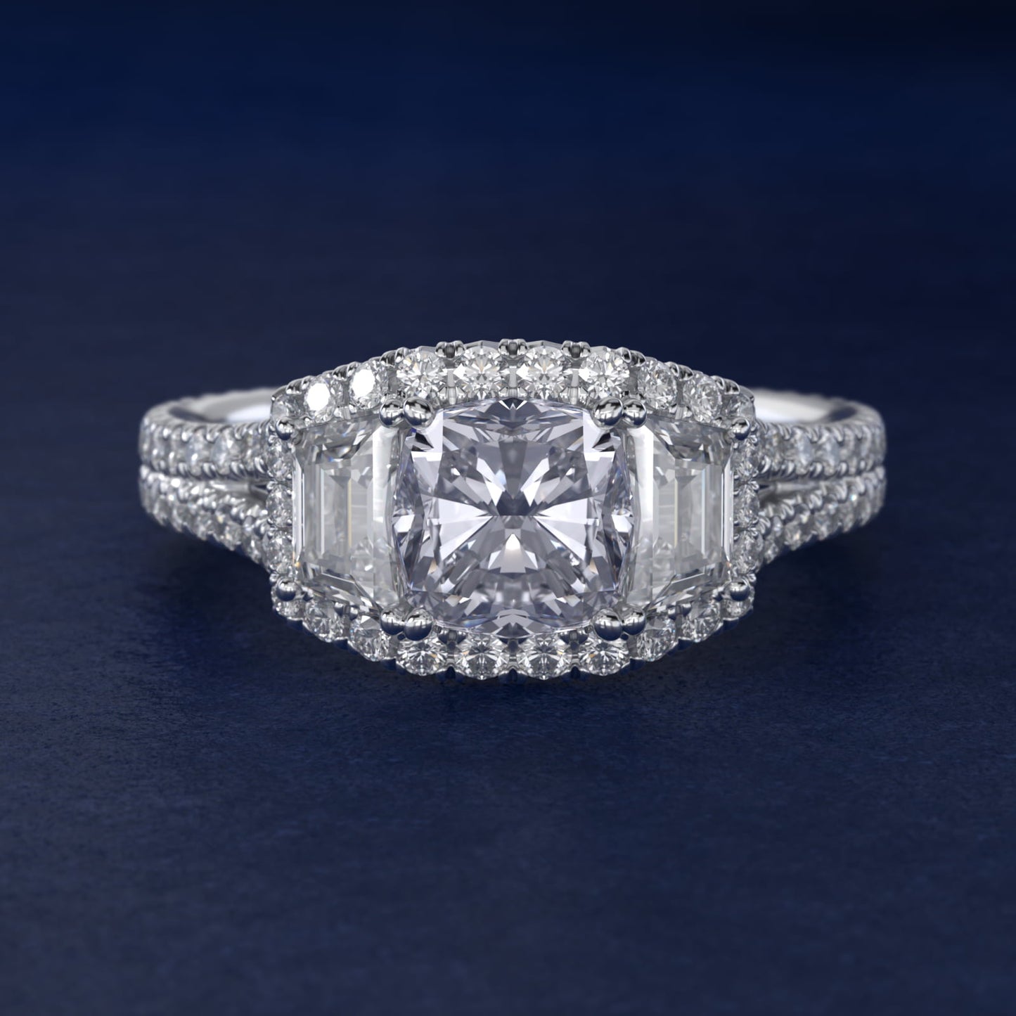 The Gallery Collection™ Vintage Three Stone Trapezoid Diamond Engagement Ring 14k White Gold - Cushion Center