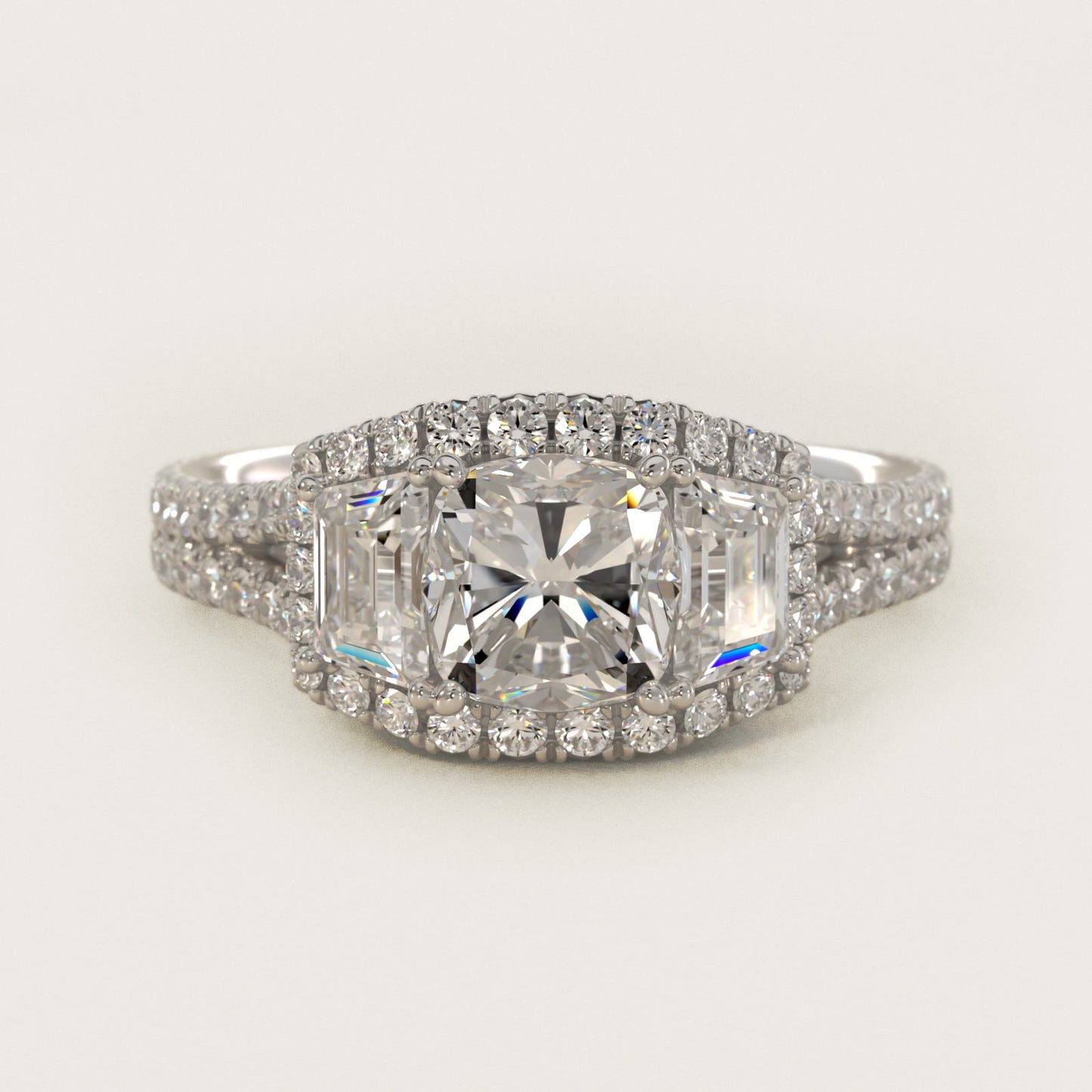 The Gallery Collection™ Vintage Three Stone Trapezoid Diamond Engagement Ring 14k White Gold - Cushion Center