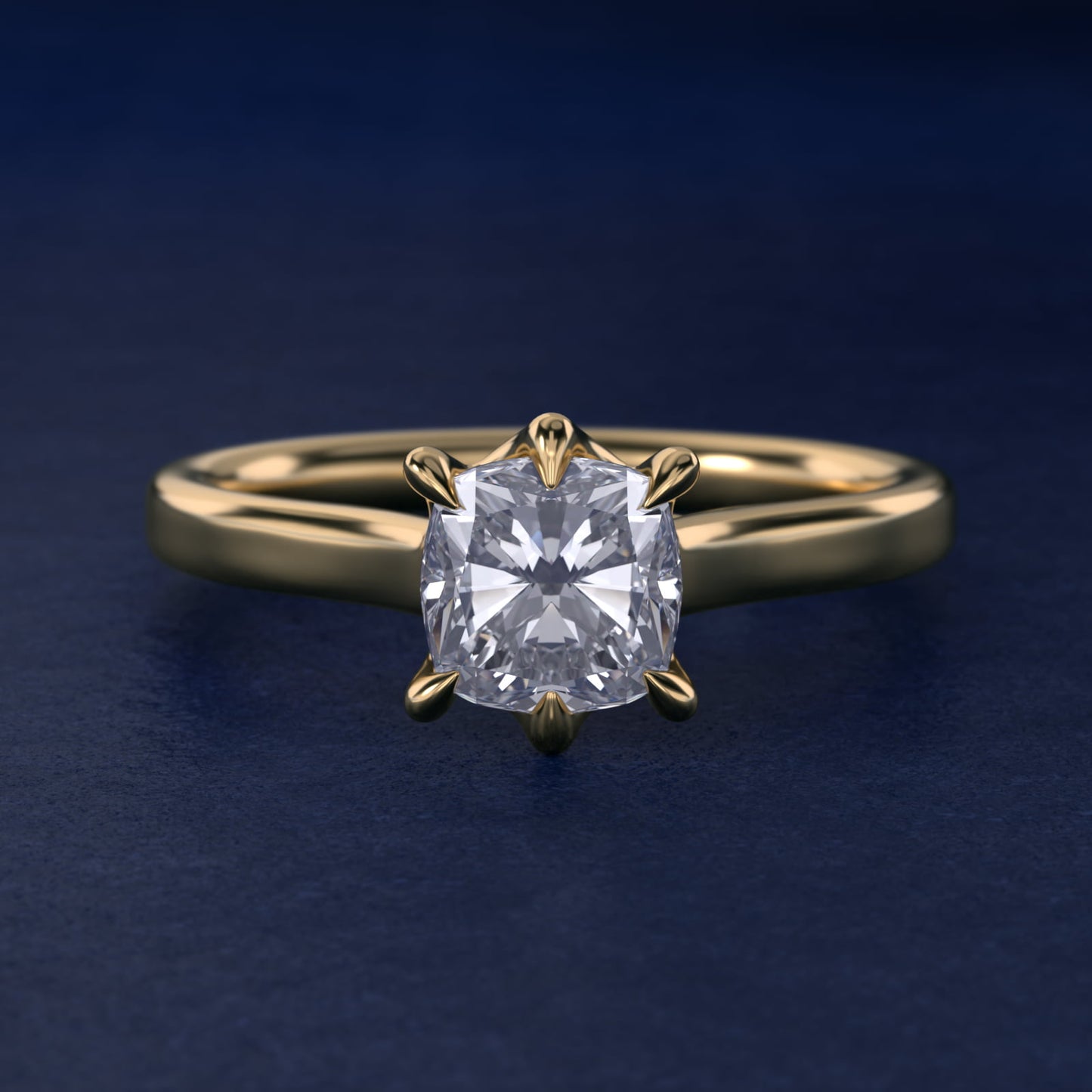 The Gallery Collection Six-Prong Trellis Solitaire Diamond Engagement Ring in 18k Yellow Gold - Cushion Center