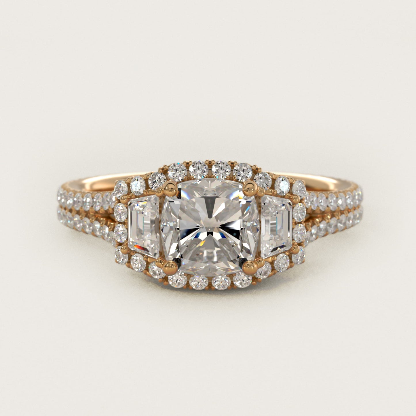 The Gallery Collection™ Emerald Three Stone Halo Diamond Engagement Ring in 18k Yellow Gold (1.50 ct. tw.) - Cushion Center